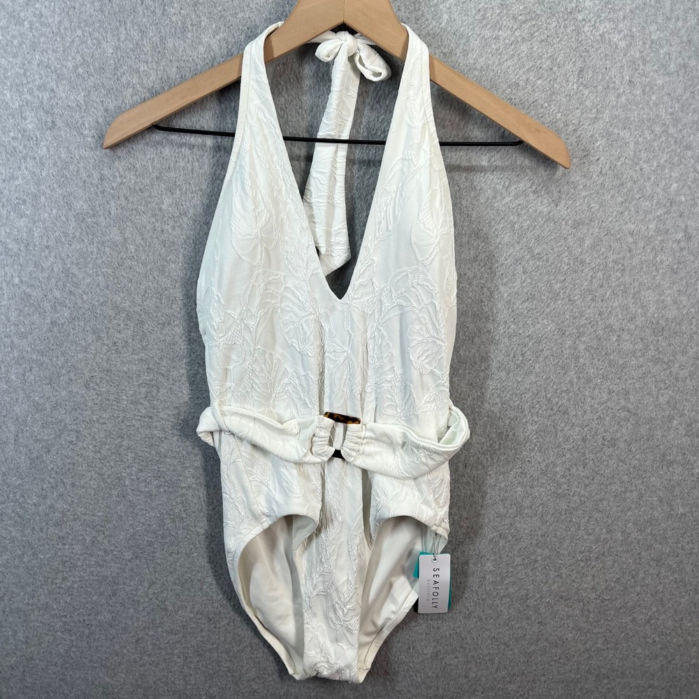 Seafolly Palm Coast White Deep V Halter One Piece Swimsuit Size 6 10924-708